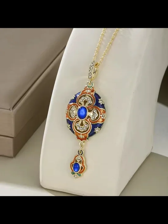 Gold-Tone Blue and Orange Enamel Pendant Necklace - Picture 5 of 6